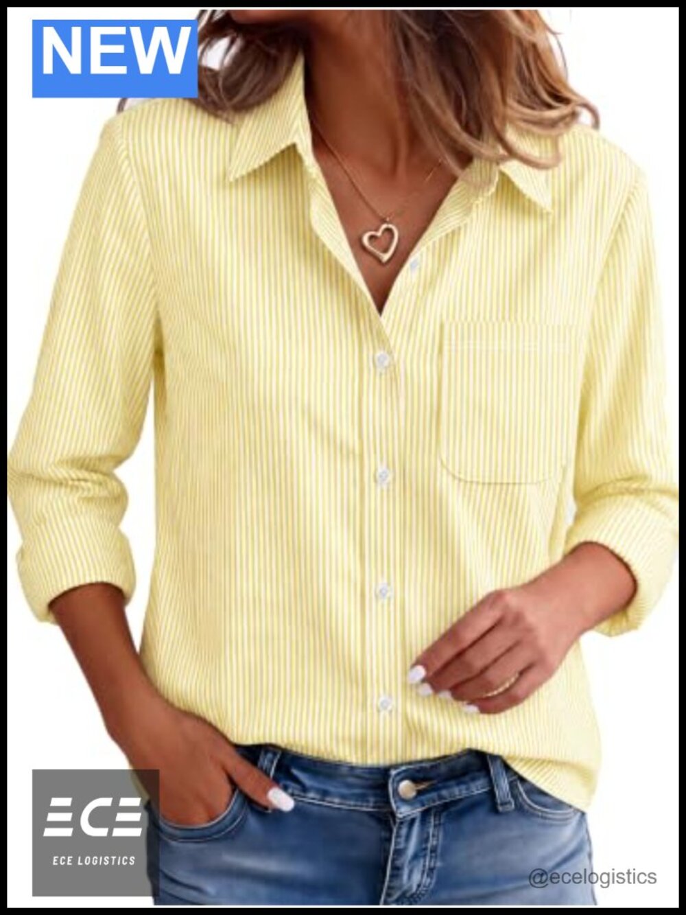 Striped Button Down Shirt Cotton Blend Long Sleeve V-Neck Work Top